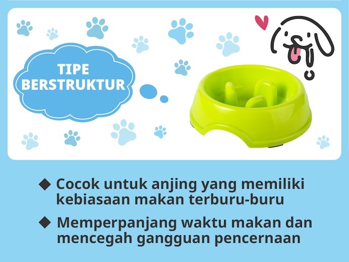 Tempat makan berstruktur, untuk mencegah anjing makan terburu-buru