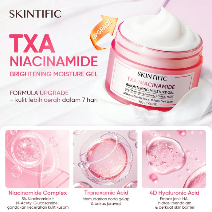 Agar bekas jerawat tampak makin tersamarkan, cek SKINTIFIC MSH Niacinamide Brightening Moisturizer Gel atau PDRN Bright & Smooth Moisturizer (Pink Muda)