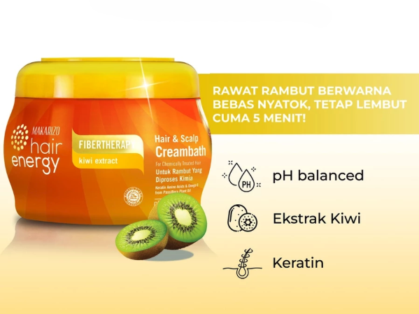 Makarizo Hair Energy Fibertheraphy Kiwi Extract: Marawat rambut rusak akibat proses kimia seperti pewarnaan