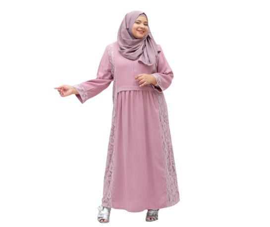 Untuk tubuh gemuk pendek: Gamis brokat A-line dengan potongan di pinggang