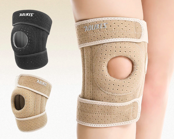 Deker lutut dengan strap (knee brace): Cocok untuk stabilitas ekstra saat aktivitas fisik yang intens