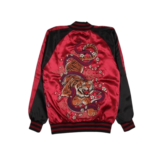 Mayhem: Jaket sukajan berbahan satin mewah dengan ilustrasi tora yang berkelas